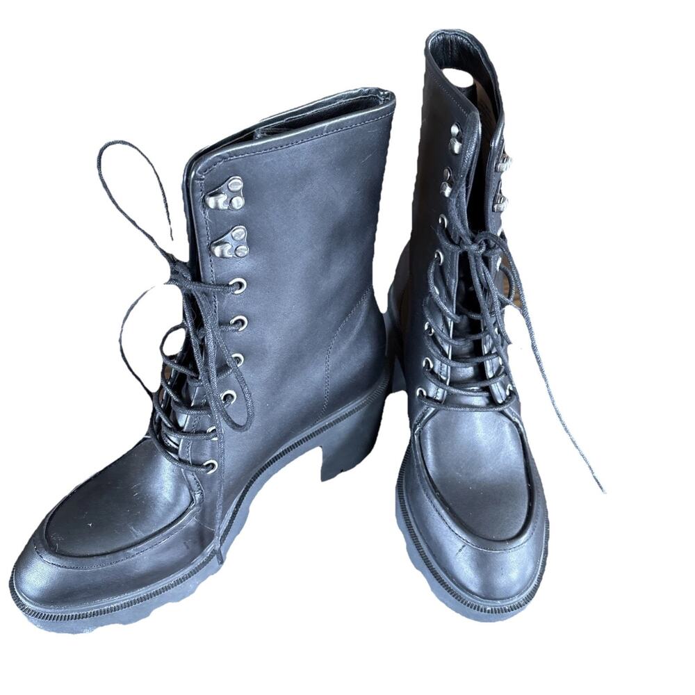 J Crew Refined Black Leather Apron Toe Lace up Lug Heel Combat Boots Wm Sz 7